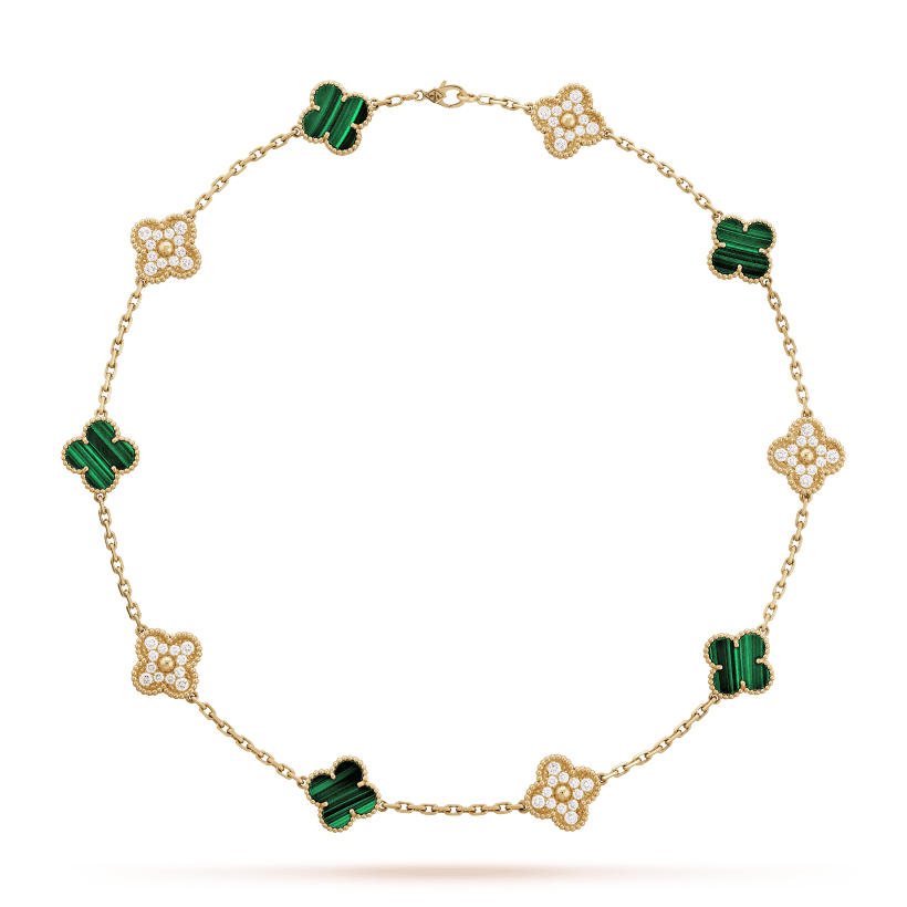18K Vintage Clover Malachite Diamonds 10 Motifs Necklace