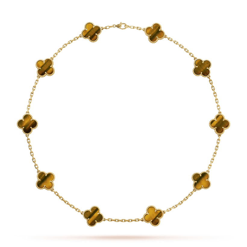 18K Vintage Clover Tiger Eye 10 Motifs Necklace