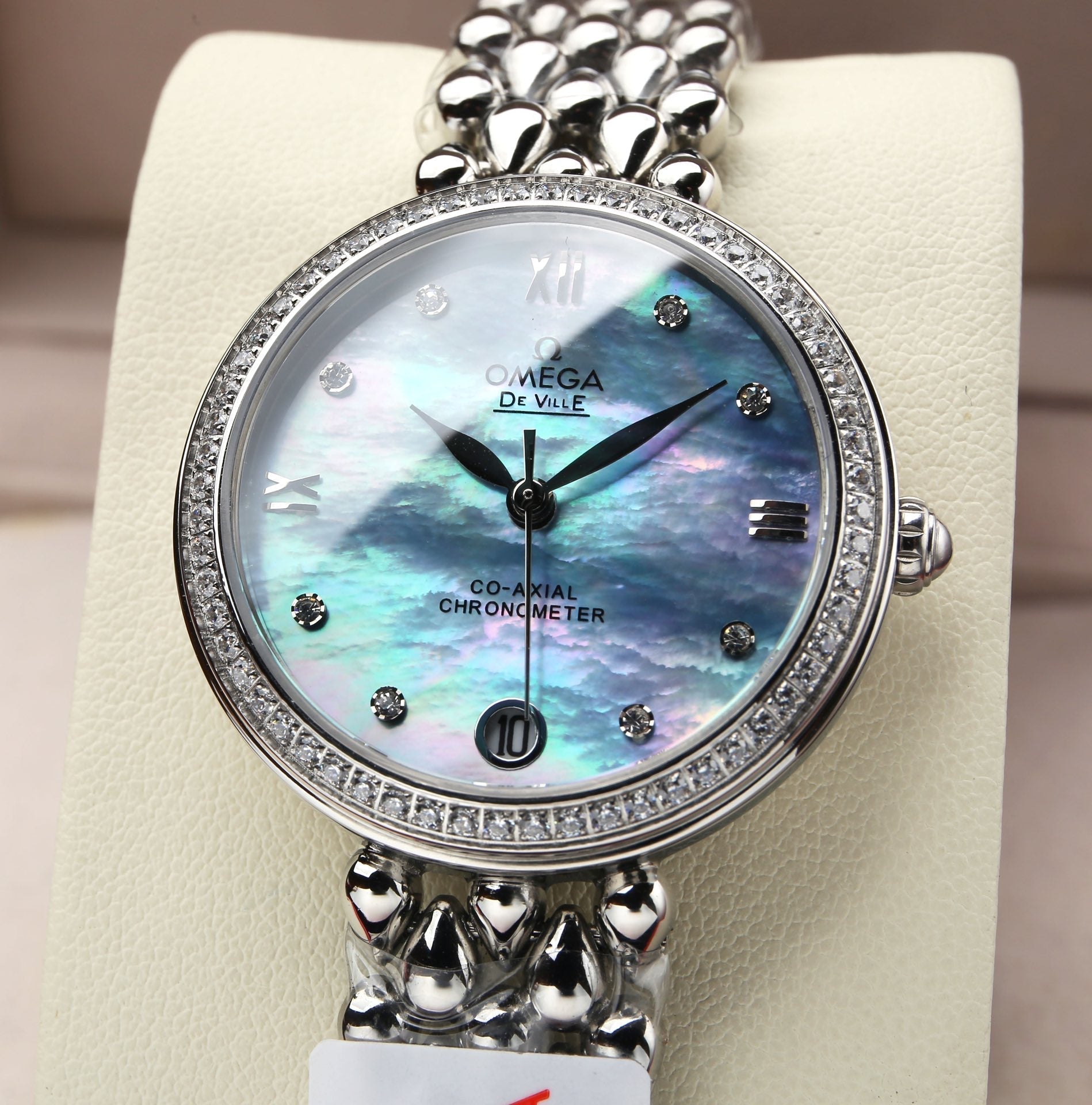 DEVILLE PRESTIGE 32MM STEEL DIAMOND BEZEL BLUE MOP DIAL