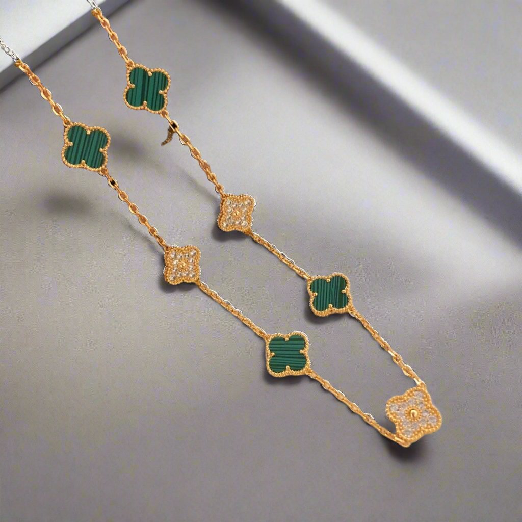 18K Vintage Clover Malachite Diamonds 10 Motifs Necklace