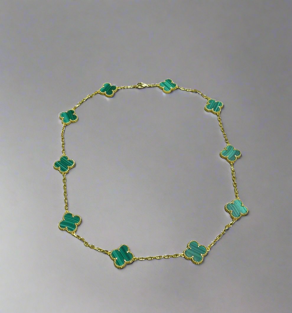 18K Vintage Clover Malachite 10 Motifs Necklace