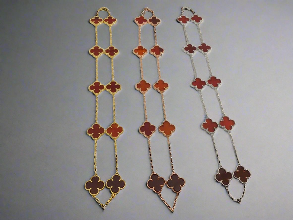 18K Vintage Clover Carnelian 10 Motifs Necklace