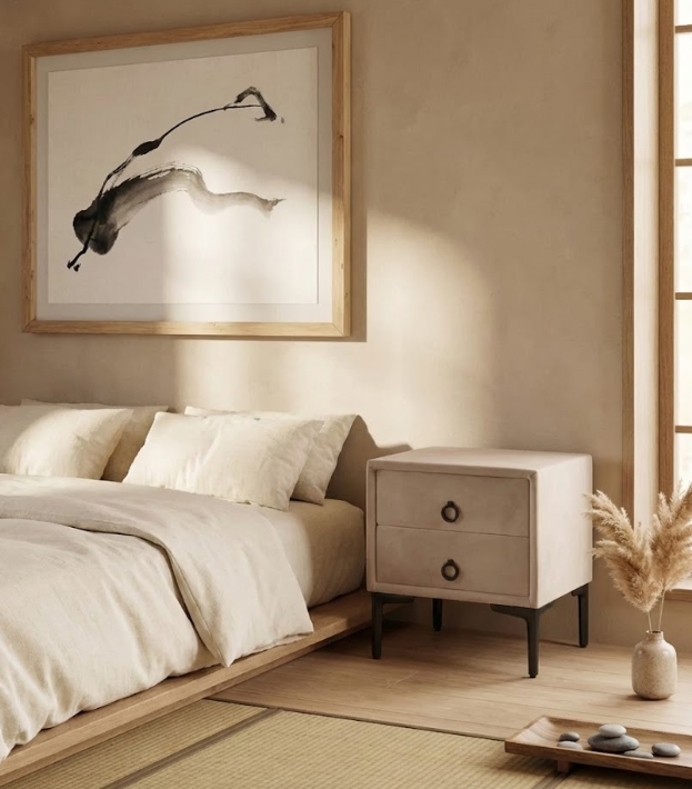 SEZANNE セザンヌ ナイトテーブル 2引き出し ベルベット張り トープ メタル脚