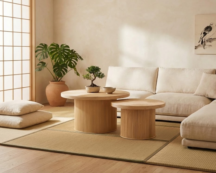 ILIOS イリオス コーヒーテーブル 2点セット ラウンド ラタン ナチュラル仕上げ 80×80×45cm・60×60×39cm