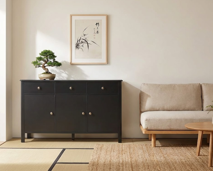 OLATE サイドボード ブラック 3枚扉 引き出し付き MDF ハイボード 120cm