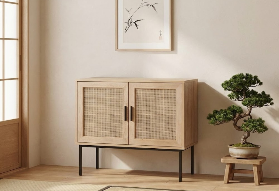 PASCO キャビネット ライトブラウン 2枚扉 ラタン調扉 木目調 ブラックメタル脚