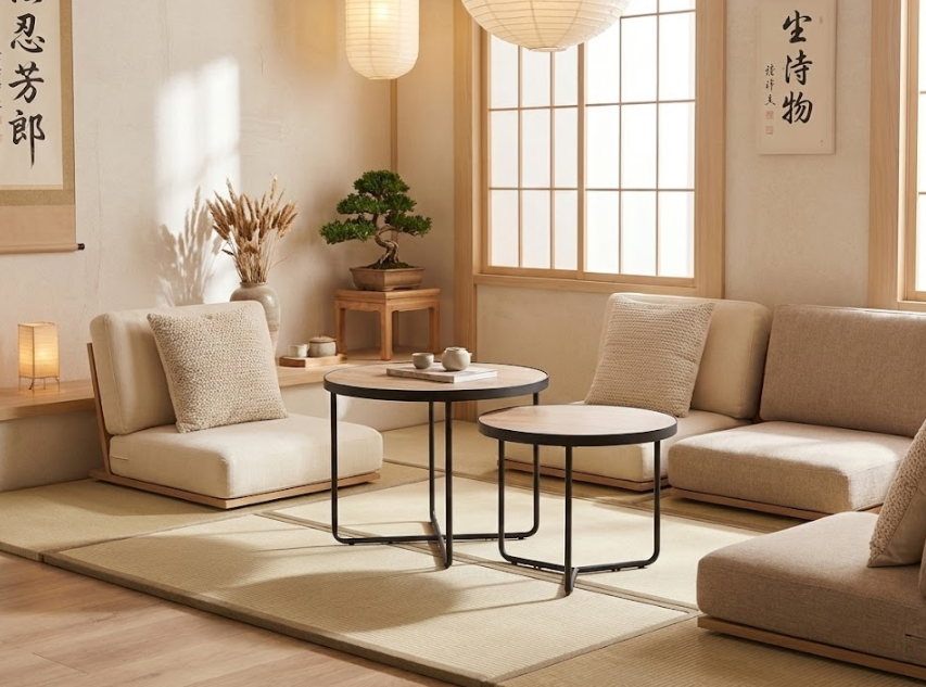 MELODY メロディ コーヒーテーブル 2点セット ラウンド MDF製 メタル脚 ライトブラウン 50×50×50cm・50×50×45cm