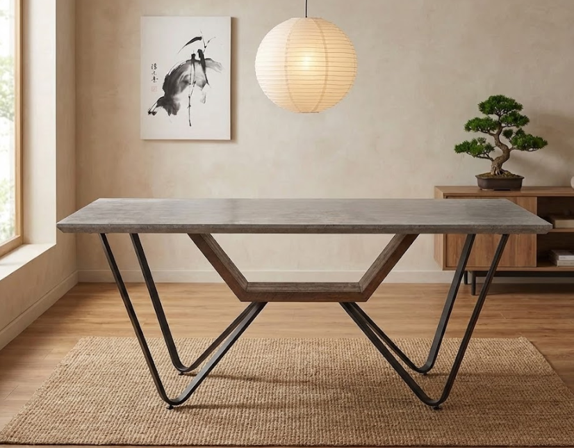 BANDURA ダイニングテーブル コンクリート調 グレー 180×90cm MDF天板 ブラックメタル脚