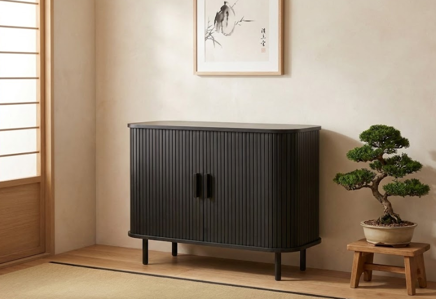 BRADLEY サイドボード ブラック 引き戸収納 レトロ調 木目調キャビネット