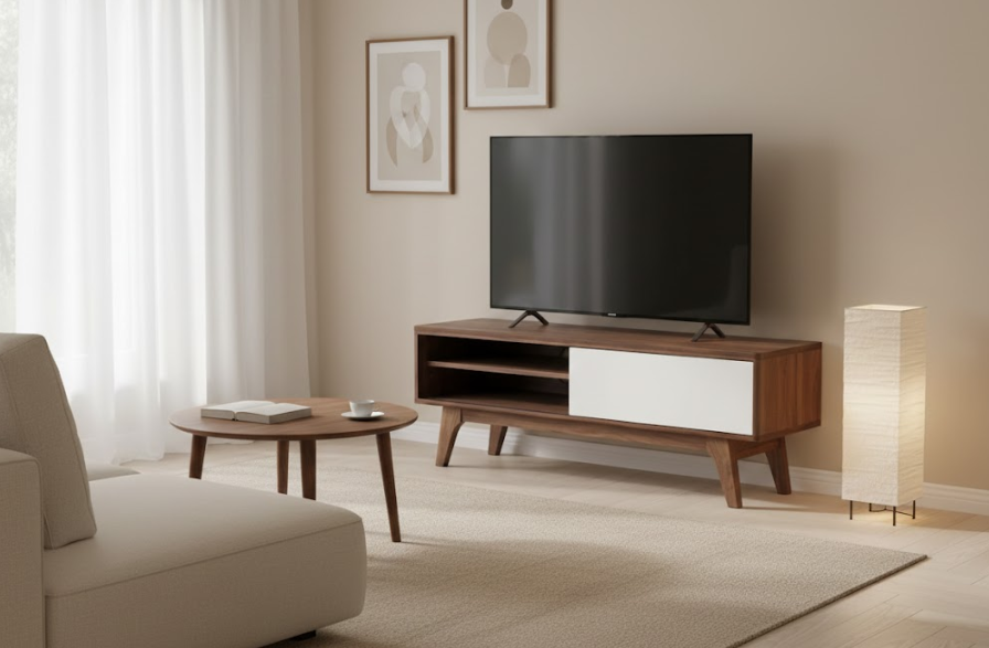 BUFFALO テレビボード ブラウン×ホワイト ミッドセンチュリーモダン スライド扉 テレビ台 MDF製 配線収納付き ～55型対応