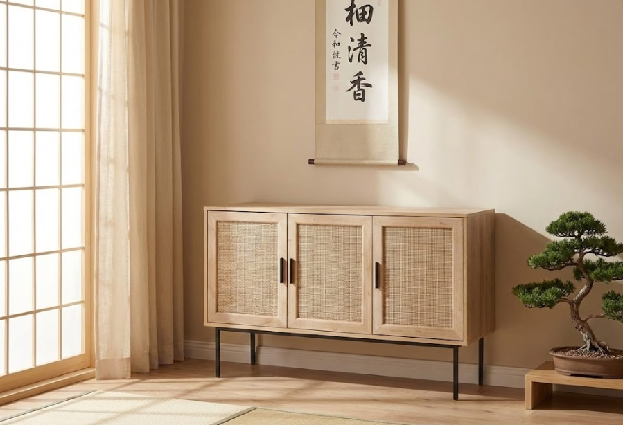 PASCO サイドボード ライトブラウン 2枚扉 ラタン調前板 ブラックメタル脚