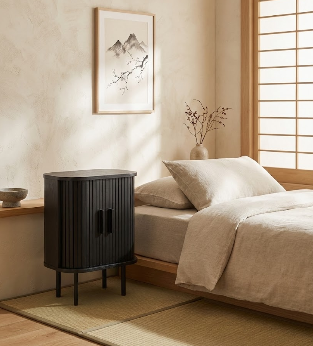 BRADLEY ブラッドリー ナイトテーブル ブラック 引き戸付き レトロ収納 MDF・パイン材 40×30×55cm