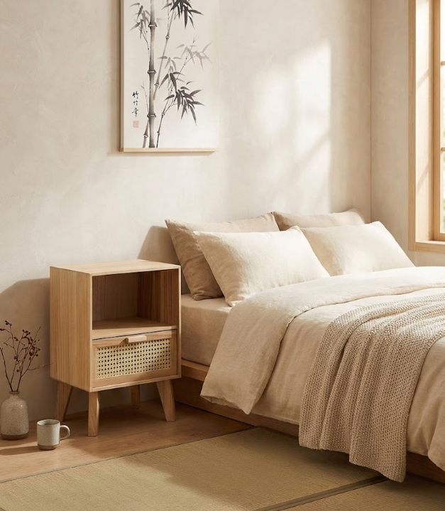 ラスティック ナイトテーブル ラタン前面 棚付き