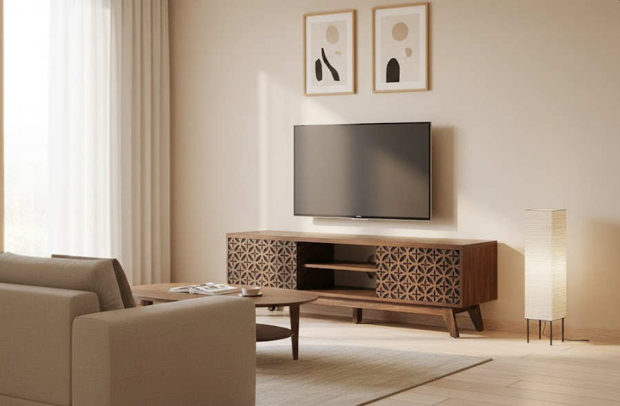 PRESCOT テレビボード ダークブラウン レトロ調 テレビ台 装飾扉デザイン ～60型対応