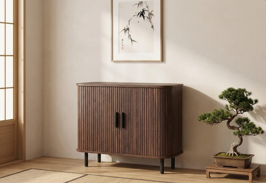 BRADLEY サイドボード ダークブラウン 引き戸収納 レトロ調 木目調キャビネット