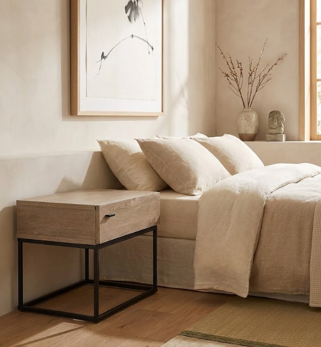 CAIRO カイロ ナイトテーブル 1引き出し インダストリアル コンクリート調 ライトブラウン メタルフレーム