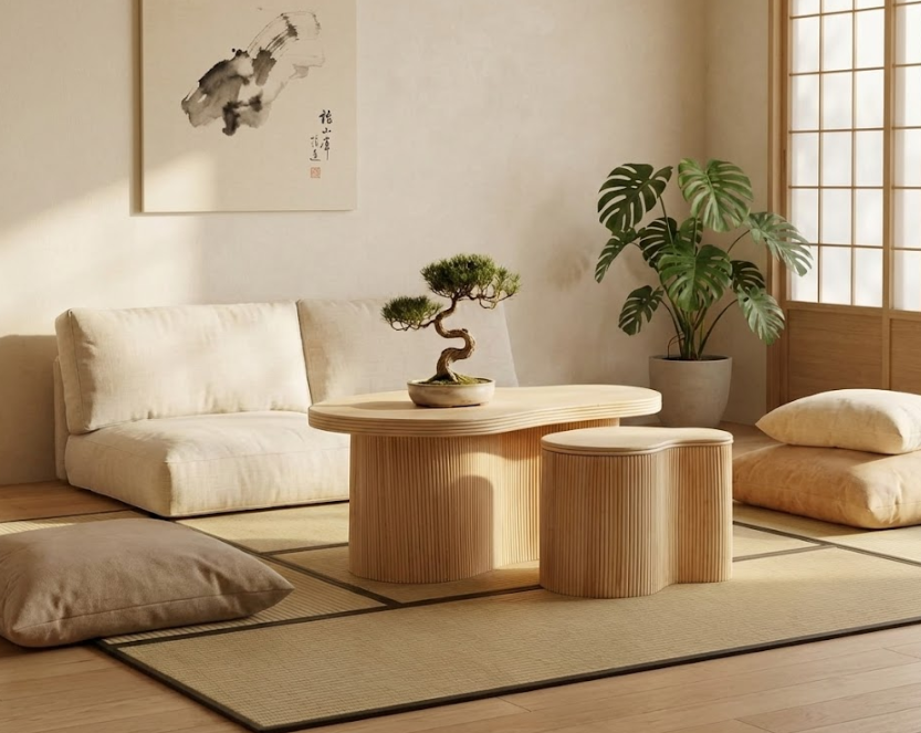 SALANTI サランティ コーヒーテーブル 2点セット ナチュラルラタン収納 ネストテーブル 不規則形 100×72×45cm・50×37×38cm