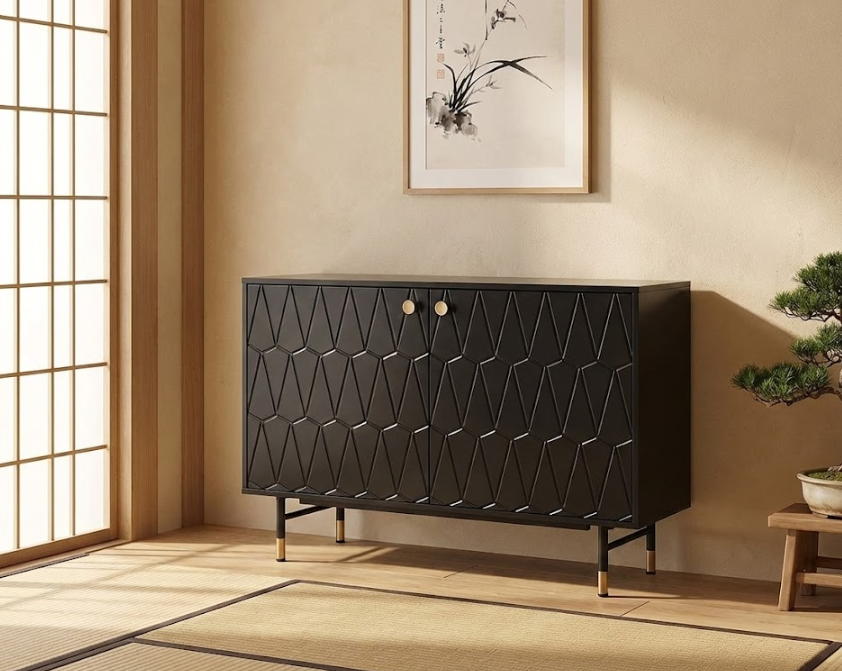 ADANTE ハイボードキャビネット ブラック 2枚扉 幾何学模様前板 メタル脚 120×40×82cm