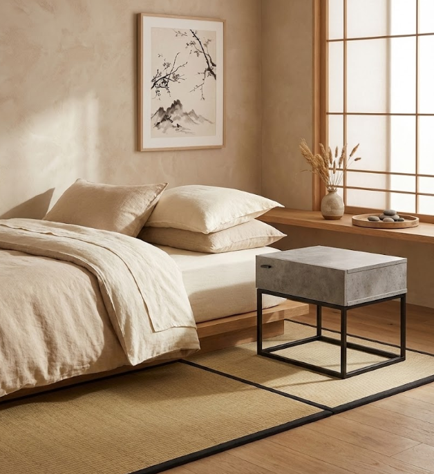 CAIRO カイロ ナイトテーブル 1引き出し インダストリアル コンクリート調 ライトグレー メタルフレーム