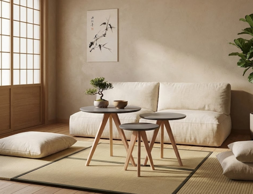 VEGAS ベガス コーヒーテーブル 3点セット ラウンド MDF製 ビーチウッド脚 グレー 48×48×46cm・40×40×41cm・30×30×36cm