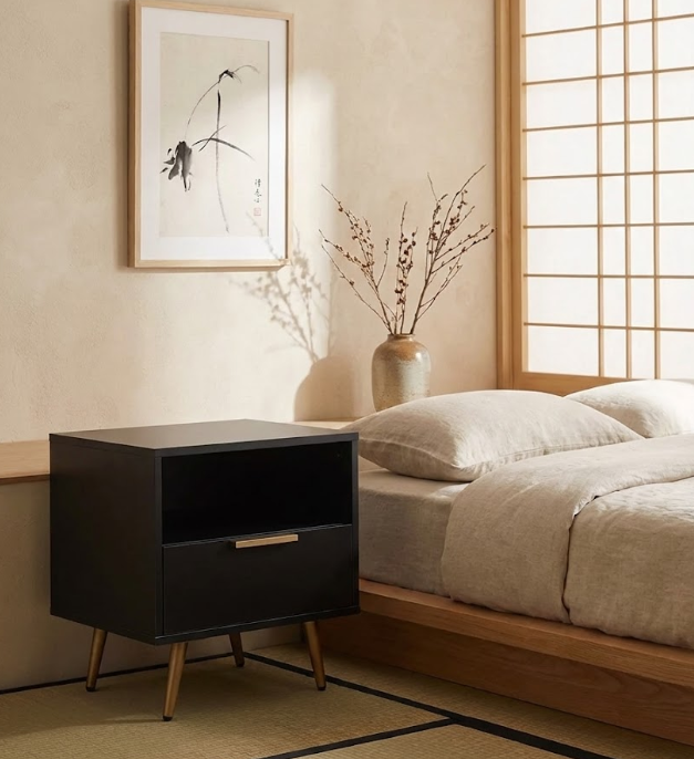 INDIO インディオ ナイトテーブル 1引き出し ブラック ゴールドアクセント モダン収納サイドテーブル