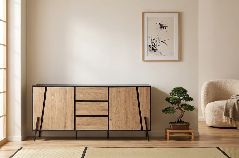 BLACKPOOL サイドボード ブラウン／ブラック 2枚扉 引き出し付き モダン ハイボードキャビネット