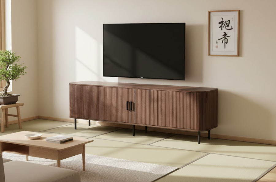 BRADLEY テレビボード ダークブラウン 幅180cm｜レトロ調 ルーバー引き戸 収納付き TV台 配線穴付き