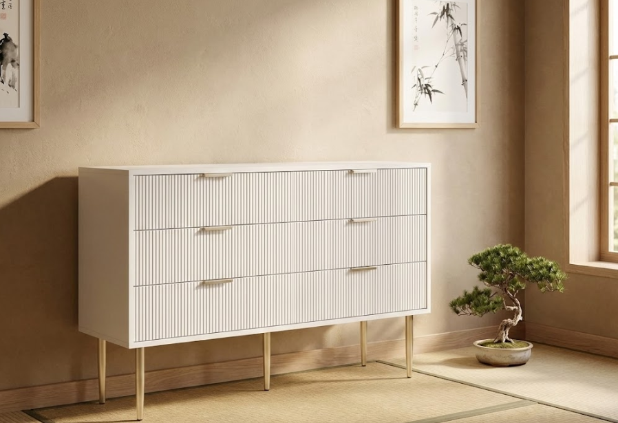SOHO 6段チェスト ホワイト 縦溝（フルーテッド）フロント メタル脚 モダン収納家具