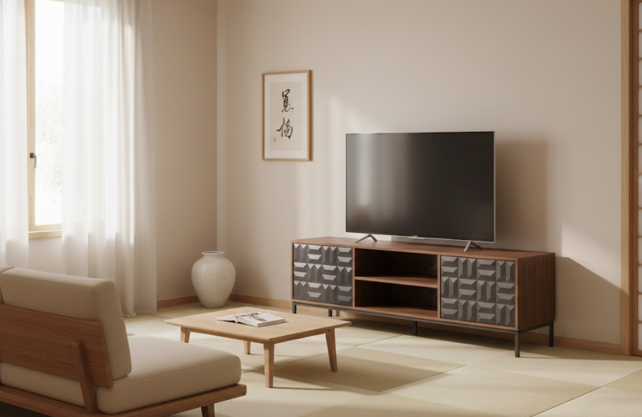 CARAQUET テレビボード ダークブラウン 幾何学模様デザイン メディアユニット 幅160cm ～70型対応