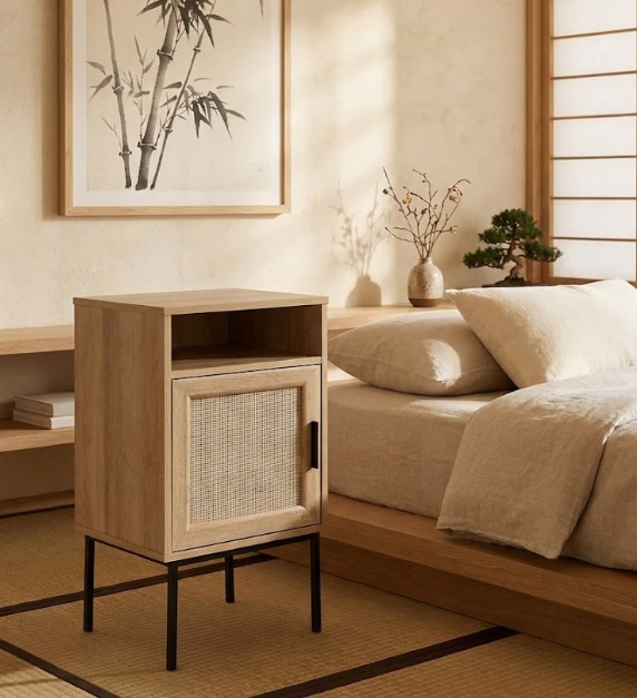 PASCO パスコ ナイトテーブル ラタン扉付き ウィッカーフロント ライトブラウン メタル脚