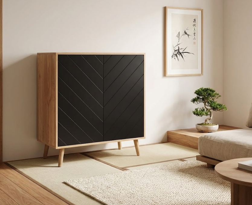 BRISTOW キャビネット ブラック 棚付き 北欧風 MDF・パーティクルボード 76×40×84cm