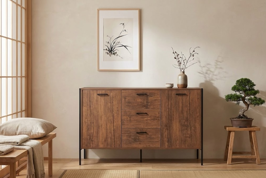 TIFTON サイドボード ダークブラウン 2枚扉 引き出し付き スチールフレーム 木目調キャビネット