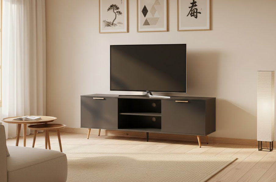 INDIO テレビボード ブラック｜収納キャビネット付き モダンTV台 配線管理対応（～75インチ対応）