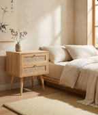 Perote ペローテ ナイトテーブル 2引き出し ラタン前面 ライトブラウン