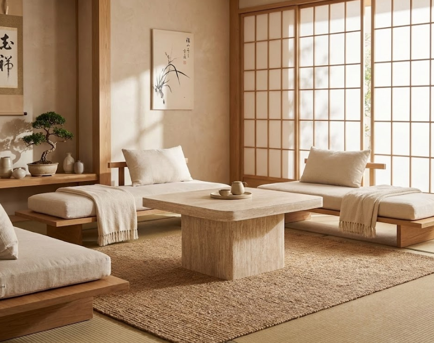 DUSON デュソン テーブル 2点セット トラバーチン調 コーヒーテーブル＋サイドテーブル