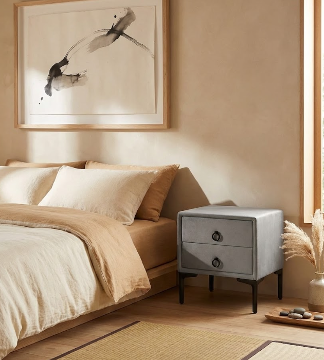 SEZANNE セザンヌ ナイトテーブル 2引き出し ベルベット張り グレー メタル脚