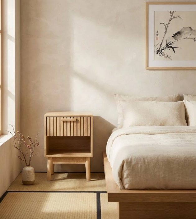 LYNWOOD リンウッド ナイトテーブル 1引き出し リブ加工 引き出し オープン棚付き MDF・無垢材脚 ライトブラウン