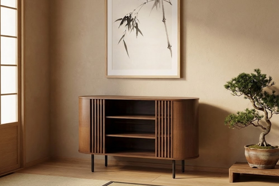 TAROON サイドボード ダークブラウン 木目調 レトロデザイン 幅120cm 棚付き 収納キャビネット メタル脚