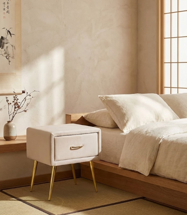 FLAYAT フレイアット ナイトテーブル 1引き出し ベルベット張り ライトベージュ ゴールド脚