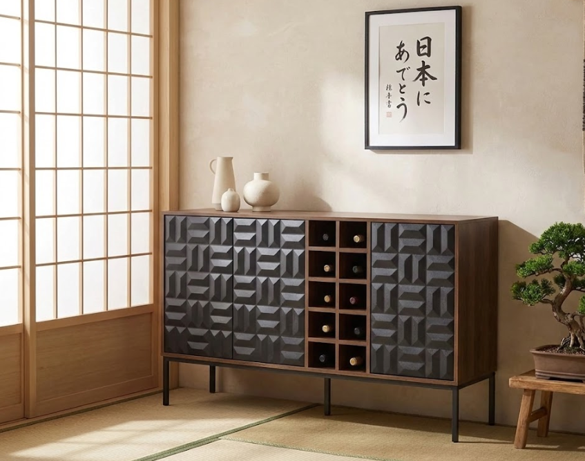 CARAQUET ワインキャビネット ダークブラウン ワインラック付き 幾何学模様扉 MDF×スチール 140×40×85cm