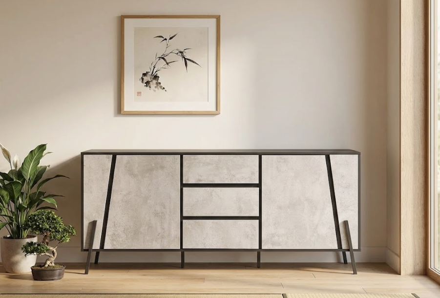 BLACKPOOL サイドボード グレー コンクリート調 2枚扉 インダストリアル収納キャビネット 177×40×75cm