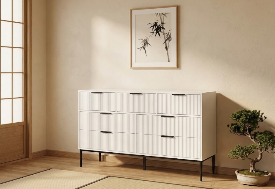 LEDUC 7段チェスト ホワイト 縦リブ（リブ加工）フロント MDF製本体 メタル脚 収納サイドボード