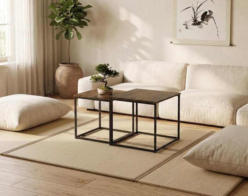 DENNY デニー サイドテーブル 2点セット ダークブラウン MDF製 正方形 メタルフレーム 40×40×42cm・35×35×39cm