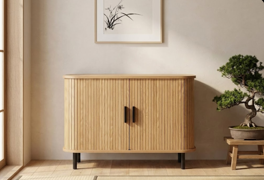 BRADLEY サイドボード ブラウン 引き戸収納 レトロ調 木目調キャビネット