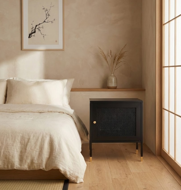 OSSETT オセット メタルブラック ナイトテーブル メタルメッシュ扉付き スチール製 モダンデザイン