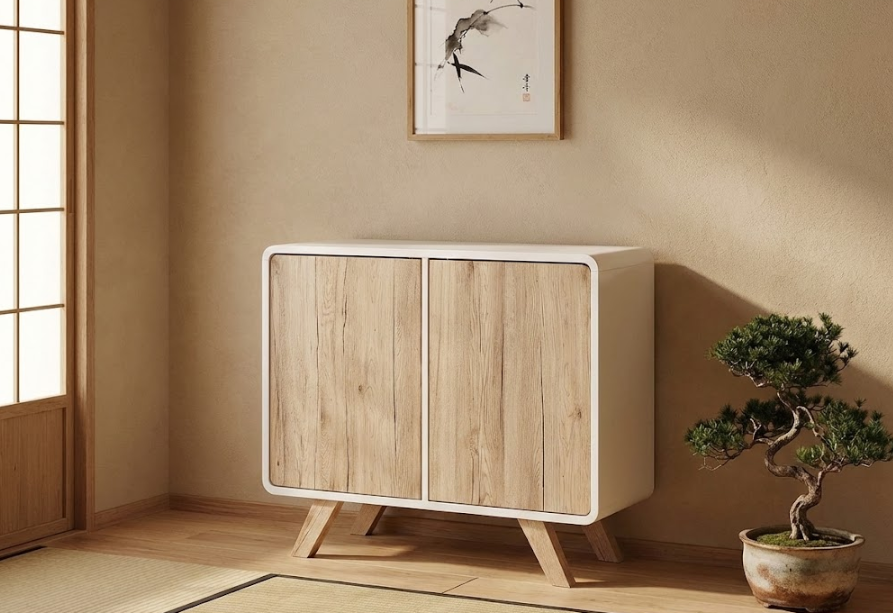 MILO ハイボードキャビネット ホワイト 木製脚 レトロ調 北欧風 収納キャビネット 棚付き