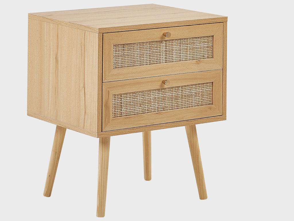Perote ペローテ ナイトテーブル 2引き出し ラタン前面 ライトブラウン