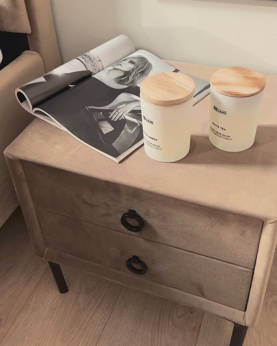 SEZANNE セザンヌ ナイトテーブル 2引き出し ベルベット張り グレー メタル脚