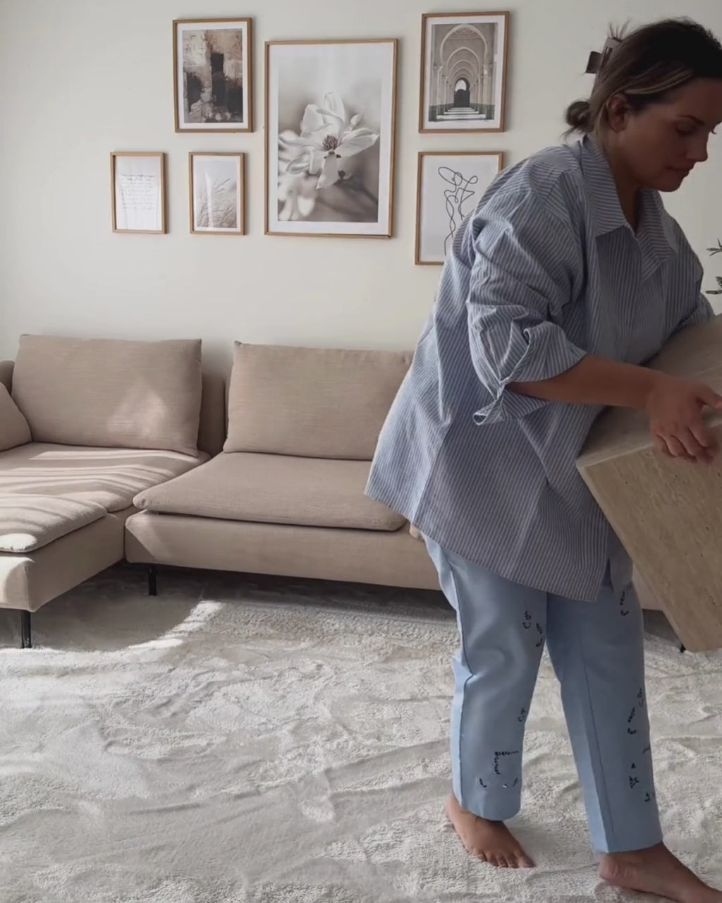 DUSON デュソン テーブル 2点セット トラバーチン調 コーヒーテーブル＋サイドテーブル