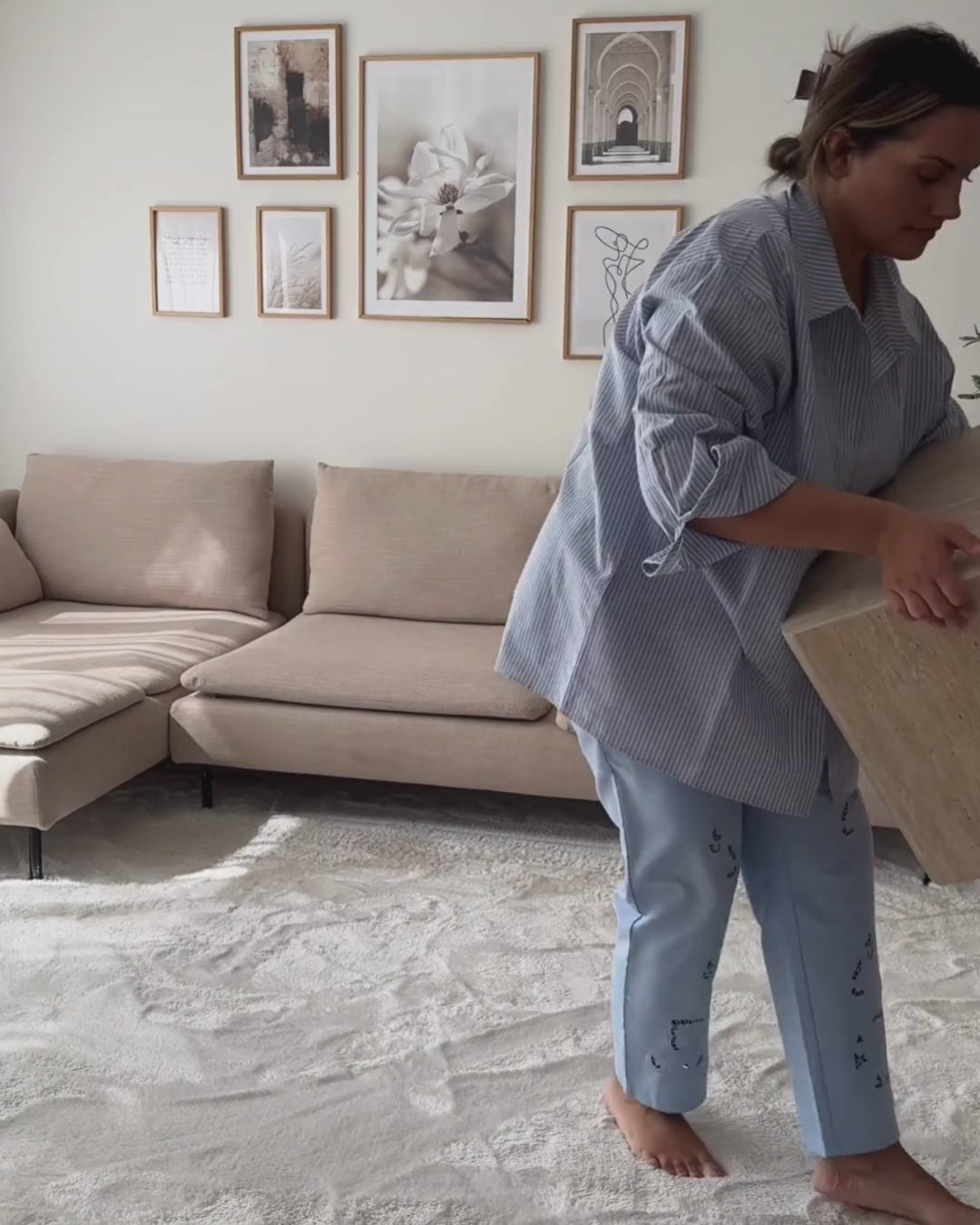 DUSON デュソン テーブル 2点セット トラバーチン調 コーヒーテーブル＋サイドテーブル